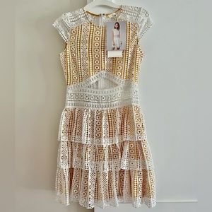 Tiered Lace Mini Dress in White and Gold
